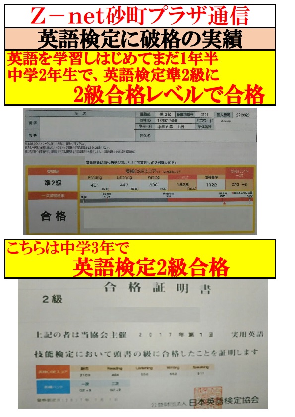 Z Net砂町英語検定合格者 3年間のべ数 2級10名準2級24名3級58名